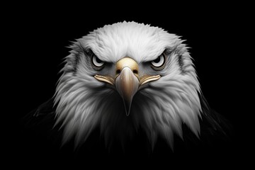 Bald eagle front view with piercing eyes and sharp beak against black background. strength and freedom