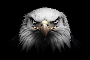 Selbstklebende Fototapeten Bald eagle front view with piercing eyes and sharp beak against black background. strength and freedom © michnik101