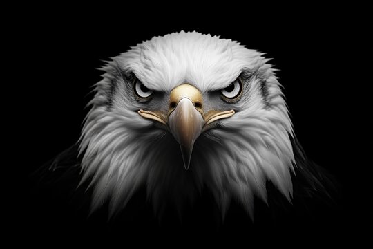 Bald eagle front view with piercing eyes and sharp beak against black background. strength and freedom
