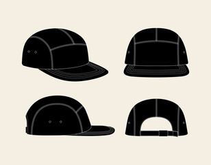 hat template vector, Snapback hat  Technical Drawing Illustration Blank Streetwear Mock-up Template, Blank White 5 Panels Baseball Cap, Meshbaseball cap vector template, technical hat apparel vector