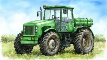 Obraz premium Green tractor, a symbol of agricultural power and farming innovation in rural landscapes