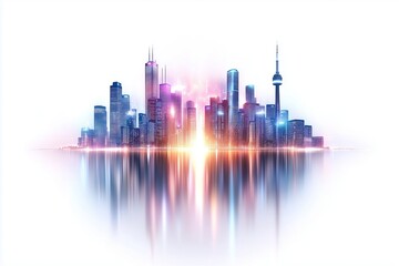 Fototapeta premium Vibrant modern city skyline with colorful lights reflecting on water during sunset. urban development