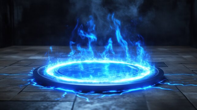 Energy spinning circle with blue glowing rays. Fantasy portal, magic twirled teleport on floor iod vector illustration. Effect energy ray teleport futuristic illustration