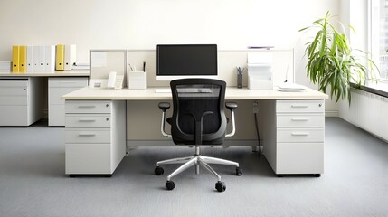 Modern Minimalist Office Workspace with White Desk and Black Chair