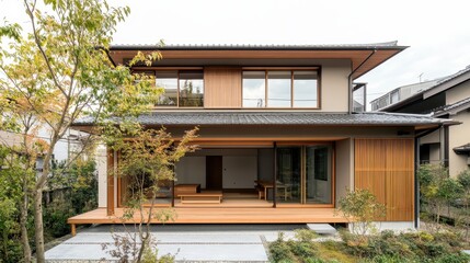 Fototapeta premium Contemporary japanese house with open sliding doors and wooden deck