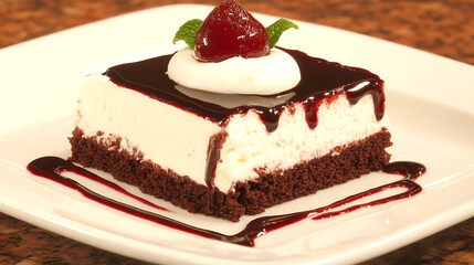Luscious Chocolate Dessert Bar Topped with Cherry Garnish and Dark Chocolate Drizzle Delight