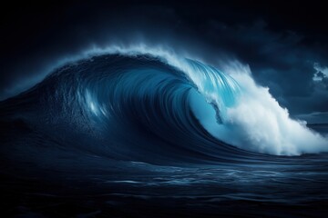 Fototapeta premium Dramatic ocean wave under dark stormy sky with deep blue tones. power and nature