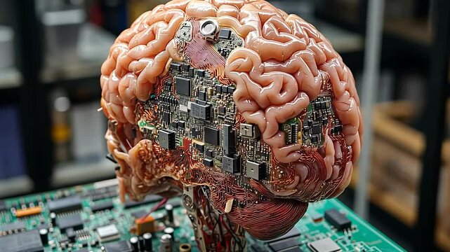 This striking image blends organic anatomy with a complex motherboard, symbolizing the fusion of innovation and technology.