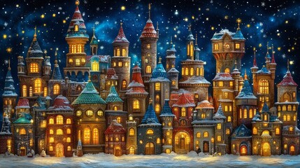 Fototapeta premium Enchanted Winter Village Night Scene Sparkling Holiday Town Festive Christmas Houses Cozy Snowfall