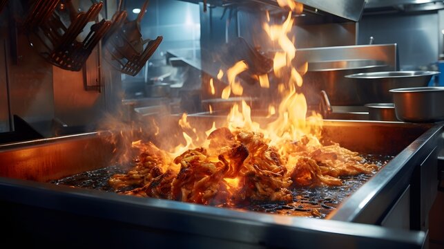 Dramatic image showcasing the fiery eruption from a commercial deep fryer with the intense flames reflecting off the surrounding stainless steel surfaces