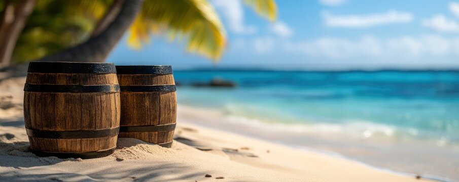 Tropical Beach Scene with Wooden Barrels