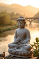 Fototapeta premium Buddha statue near river at sunrise, peaceful meditation scene, tranquil landscape, spiritual harmony, Zen garden inspiration, calming nature background