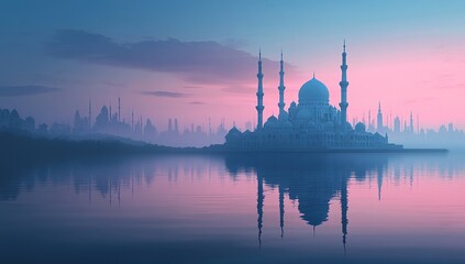 Naklejka premium Serene Mosque Reflects on Calm Waters at Dawn, City Skyline at Dusk, Tranquil Scene