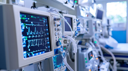 Advanced Medical Equipment in Intensive Care Unit Showing Heart Rate Monitor and Vital Signs