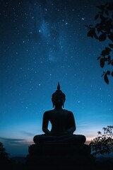 Buddha statue silhouette under starry night sky, peaceful meditation scene, tranquility and spirituality in nature, perfect for wellness and mindfulness themes.