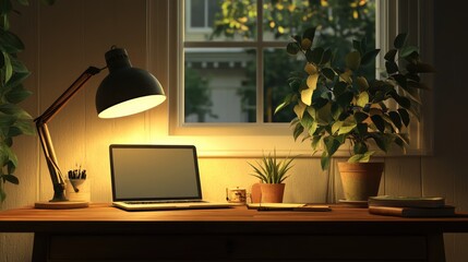 Fototapeta premium Cozy Home Office at Dusk: Laptop, Plants, and Warm Lighting