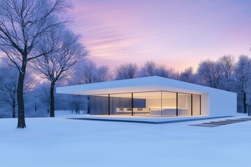 Obraz premium Modern glass house in snowy landscape with winter trees at twilight. architecture and tranquility