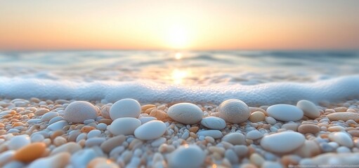 Serene Sunset Beach: White Pebbles and Gentle Waves
