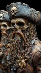 Detailed close-up of pirate skull figures with intricate textures and features, set against a dark backdrop