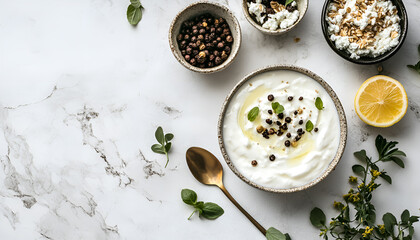 Homemade Greek yogurt or Labneh in bowl on white background, top view. Organic plain Greek yogurt with spoon, labneh cream cheese, sour cream for healthy breakfast