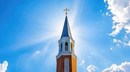 Church steeple reaching for the sky sunny day architectural photography urban environment low angle view spiritual concept