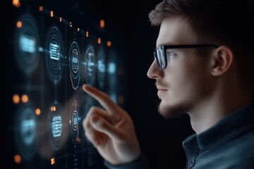Man interacting with futuristic digital interface screen with data and graphs. Technology and innovation
