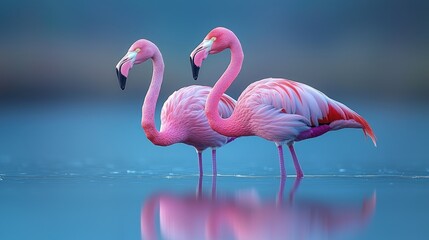 Fototapeta premium Two elegant flamingos standing gracefully in a serene blue water landscape at dawn