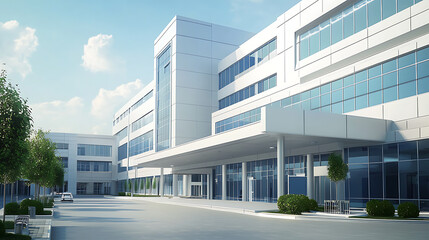 Obraz premium Modern Architectural Design of a Large Healthcare Facility with Clear Blue Sky