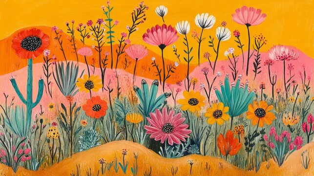 Vibrant Desert Floral Illustration Artistic Botanical Painting Desert Bloom Artwork