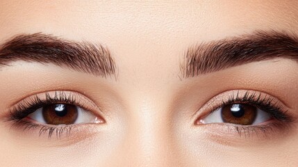 Obraz premium Eyebrow fashion thick enhancement concept. Striking Brushed Up Eyebrows with Sharp Defined Edges on a Glamorous Female Face