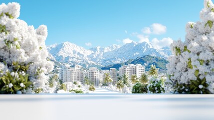 Snowy mountain resort city winter scene