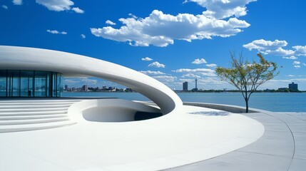 Futuristic Swan-shaped Waterfront Pavilion with Observation Decks | Ultra-Detailed Space-Age Architecture Cinematic Scene