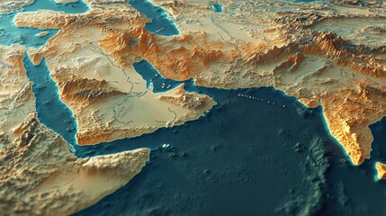 3d map of the middle east, accurate topography, high resolution, accurate features, accurate borders, no text or numbers on it,