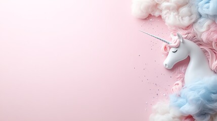 Enchanting unicorn head among fluffy clouds on soft pink background, evoking magic and fantasy.
