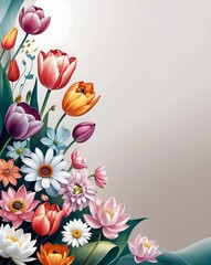 Delicate Spring Blossom Border A Feminine and Soft Texture in a Floral Pattern of Tulips, Lotus, and Gerberas, Ideal for Decorative Edges, Women's Day Cards, and Day-Brightening Backgrounds