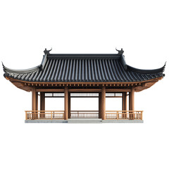 Fototapeta premium 3D rendering of a Japanese black tile roof on top of a wooden pavilion on a white background