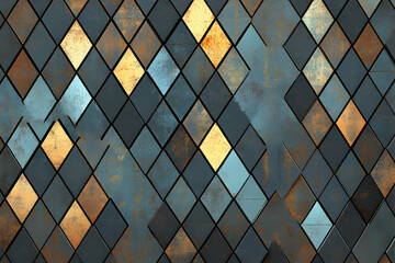 Abstract geometric background featuring a diamond pattern in muted blues, golds, and browns, with a textured, aged metallic look. Perfect for design projects needing a vintage or industrial feel.