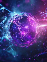 Obraz premium 4IR fourth industrial revolution on the ultraviolet background of polygon world map globe with blockchain technology peer to peer network. Fourth industrial revolution business banner concept.
