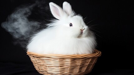 Fluffy white rabbit in wicker basket, steam, black background, pet advertisement