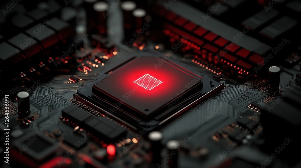 Poster a close-up of a computer circuit board with a central processor chip glowing with red light.