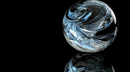 A reflective glass sphere with swirling patterns on a dark background, emphasizing its clarity