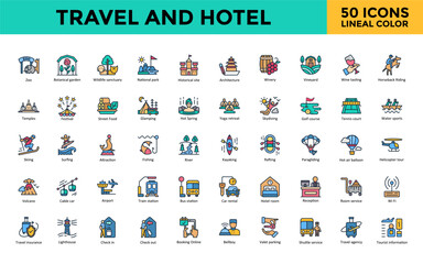 Travel and Hotel icon set with zoo, botanical garden, wildlife sanctuary, national park, historical site, architecture, winery, vineyard, wine tasting icon. Simple lineal color vector 
