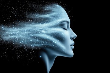 Profile of woman with stars flowing from head in cosmic style. creativity and inspiration