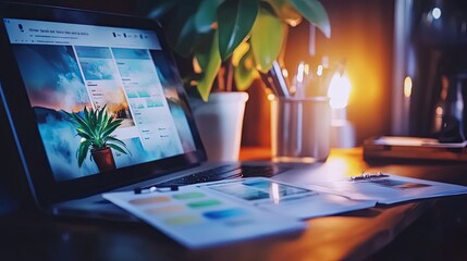 Fototapeta premium E-learning remote training course material accessed on desktop cozy home office environment interactive online learning concept
