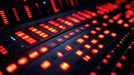 Futuristic Control Panel: Red LED Lights Illuminate Complex Interface