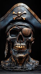 Detailed pirate skull bust with hat and eyepatch, set against a dark background, showcasing craftsmanship