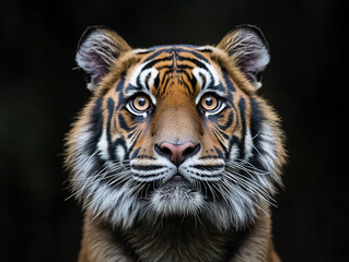 Fototapeta premium Close-Up of Bengal Tiger Face with Piercing Amber Eyes on Jet-Black Background — Intense Wildlife Portrait