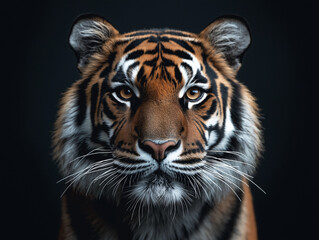 Fototapeta premium Close-Up of Bengal Tiger Face with Piercing Amber Eyes on Jet-Black Background — Intense Wildlife Portrait