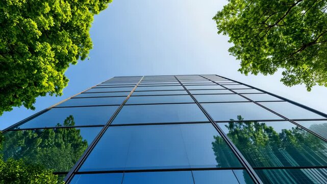 Modern Glass Building Against Clear Sky Surrounded By Lush Green Trees Reflecting Nature And Sustainability In Urban Architecture Design Emphasizing ESG Environmental Social Governance