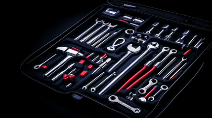 Fototapeta premium Organized Tool Set in Carrying Case for Repair Maintenance with Wrenches and Hammer Arrangement